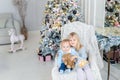 Two cute adorable little siblings brother and sister sitting in chair near christmas tree in cozy living room looking , dreaming Royalty Free Stock Photo