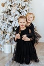 Two cute adorable little sisters near christmas tree in cozy living room. Royalty Free Stock Photo