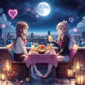 Two cute anime girls having a snacking time together, in a moon night of a rooftop, pink heart-shaped, city view, anime art