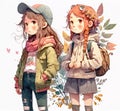 Two cute anime teens girls in autumn clothes. Watercolor illustration