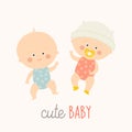 Two cute babies lying with baby pacifier. Toddler boy and girl laying and smiling. Cartoon vector hand drawn eps 10 Royalty Free Stock Photo