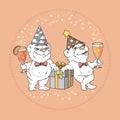 Two cute bears in party hats on rose background. Royalty Free Stock Photo