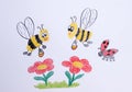 Two cute bees, collecting honey from red flowers. childrens drawing on paper