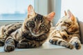 Two cute bengal cats laying on windowsill and relaxing Royalty Free Stock Photo