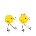 Two cute birds eating crumbs on the floor, flat design vector illustration, simple cartoon style.