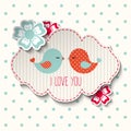 Two Cute Birds With Flowers And Text I Love You, Illustration