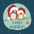 Two cute birds in santa clothes sitting on the branch Royalty Free Stock Photo