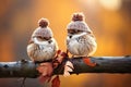 Two Cute Birds, Sparrows In Knitted Hats, Perched On Tree Branch Against Blurred Autumn Backdrop