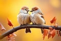 Two Cute Birds, Sparrows In Knitted Hats, Perched On Tree Branch Against Blurred Autumn Backdrop