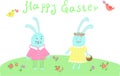 Two Easter bunnies congratulating each other on Easter with colored eggs