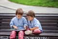 Two cute boys, brothers, read a book in the park, sitting on ben Royalty Free Stock Photo