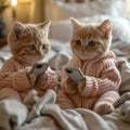 Two cute British shorthair kittens wearing pajamas and holding phones in their hands, sitting on the bed watching TV Royalty Free Stock Photo