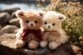 Two cute brown and beige teddy bears with little scarfs sits on a rock with flowers next to them with a blurred nature Royalty Free Stock Photo