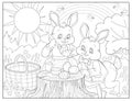 Two cute bunnies painting Easter eggs in spring. Coloring book for children and adults. Illustration in zen-tangle style. Royalty Free Stock Photo