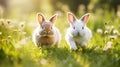 Two cute bunnies are running in a meadow, against the backdrop of a sunny field. Fluffy little rabbits play on the grass Royalty Free Stock Photo