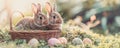 Two cute bunnies sit into wicker wooden basket of easter eggs outdoor in spring time Royalty Free Stock Photo