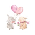 Two cute bunnies for Valentine`s day. Watercolor romantic illustration. Spring bunny image in cartoon style, isolated Royalty Free Stock Photo