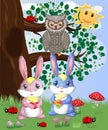 Two cute bunny in a forest glade. Boy and girl, concept spring, love