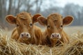 Two cute calfs lie on haystack in the winter Royalty Free Stock Photo