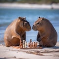 Two cute capybaras playing chess. AI generative illustration