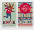 Two cute cards for valentine`s day with funny doodle deer