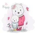 Two cute cartoon bears in flower field