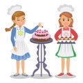 Two cute cartoon girl with pastry. Girl decorates a cake