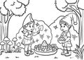 Two little gnomes planting flowers in the garden coloring book Royalty Free Stock Photo