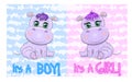 Two Cute cartoon hippo with beautiful eyes among flowers, hearts, a boy and a girl. baby shower invitation card