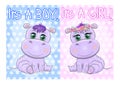 Two Cute cartoon hippo with beautiful eyes among flowers, hearts, a boy and a girl. baby shower invitation card