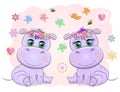 Two Cute cartoon hippo with beautiful eyes among the hearts of a boy and a girl. greeting card, valentines day design.