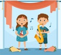 Two cute cartoon kids having a music lesson