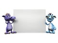 Two cute cartoon monsters holding big blank sign. Royalty Free Stock Photo