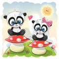 Two Cartoon pandas are sitting on mushrooms Royalty Free Stock Photo