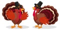 Two cute cartoon turkey birds in pilgrim hats. Royalty Free Stock Photo