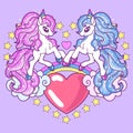 Two cute cartoon unicorns with a pink heart on a lilac background. Vector
