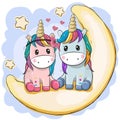 Two Cute Unicorns are sitting on the moon