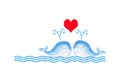 Two cute cartoon whales and red hearts with copyspace