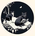 Two cute cat friends sitting on a book reading books in the moonlight