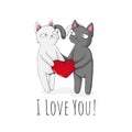 Two cute cat holding red heart with text i love you. St Valentine`s Day Concept. Vector cartoon illustration. Royalty Free Stock Photo