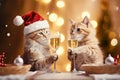 Two cute cats in Christmas hats next to a glass of champagne in the background of Christmas decorations. Fluffy cats Royalty Free Stock Photo
