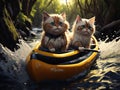 Two cute cats are kayaking in the river. A cat is sitting on a kayak. generative ai