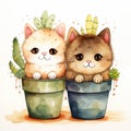 two cute cats in a pot, watercolor painting Generative AI