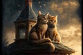 Two cute cats on the roof of an old house. AI generated. Royalty Free Stock Photo