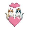 Two cute cats sit side by side, each adorned with a tiny heart and a cloud above them