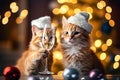 Two cute cats wearing Christmas hats are next to a glass of champagne in the background of Christmas decorations. Fluffy Royalty Free Stock Photo