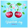 Two cute cherries on a blue background with hearts. Cartoon style. The concept of love, recognition Royalty Free Stock Photo