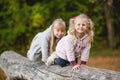 Two cute children climb, balance on a fallen log in an park Royalty Free Stock Photo