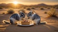 Adorable Chinchillas Sharing a Delicious Sunset Treat in the Desert Royalty Free Stock Photo