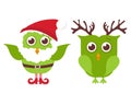 Two cute Christmas owls. One owl in Santa hat and beard and one in reindeer horns. Royalty Free Stock Photo